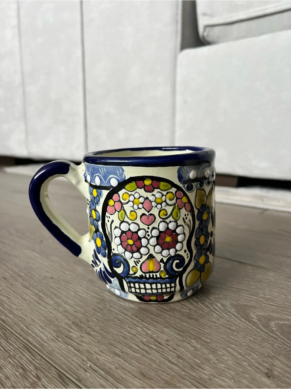Handmade Mexican Pottery 2 Coffee Mugs Cups Talavera Pink Blue Butterfly Skull